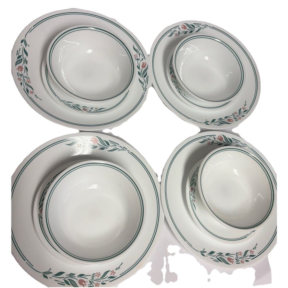 12 Pc Corelle Corningware Rosemarie Tulips Dinner & Bread Plates, Cereal Bowls